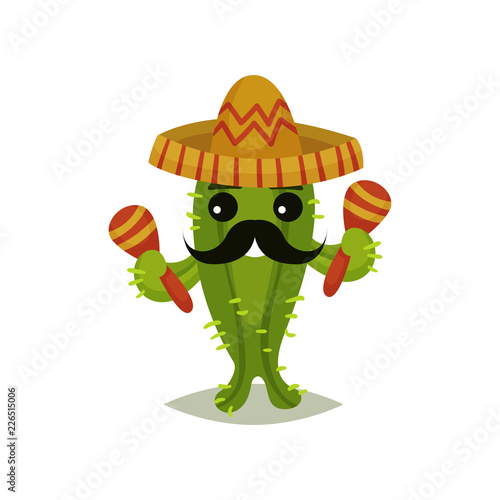 Funny Mexican cactus with black mustache. Succulent plant in sombrero hat and maracas in hands. Flat vector for greeting card.