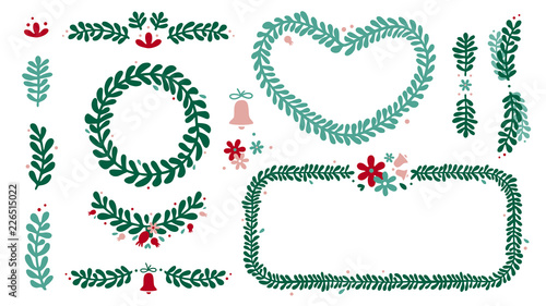 Christmas wreath, frame, mistletoe branch set. Green, red and rose floral design elemets