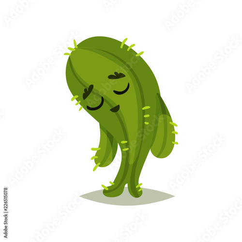 Green cactus with sad face expression. Cartoon humanized succulent plant with small spines. Flat vector design