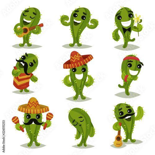 Flat vector set of funny green cacti in different actions. Cartoon characters of humanized succulent plants