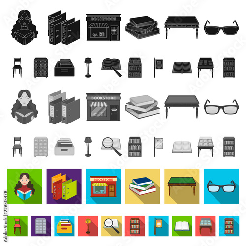 Library and bookstore flat icons in set collection for design. Books and furnishings vector symbol stock web illustration.