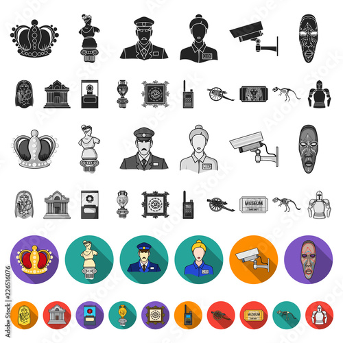 Museum and gallery flat icons in set collection for design. Storage and exhibition of showpiece vector symbol stock web illustration.