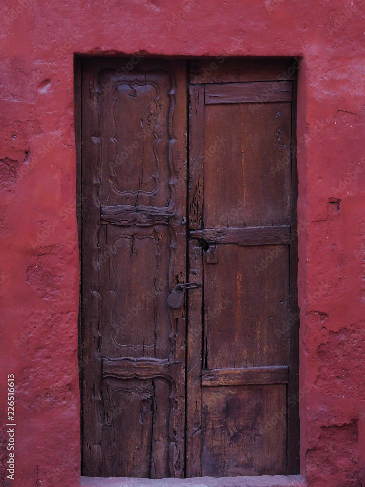 Wooden door in Santa Catalina Monastery in Arequipa, Peru