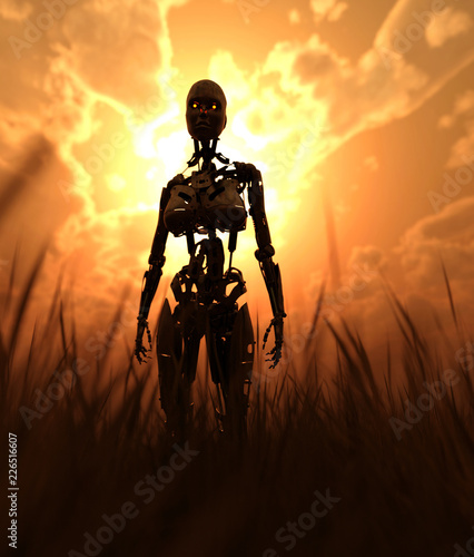Robot in field with sunlight from behind,fantasy conceptual 3d illustration background