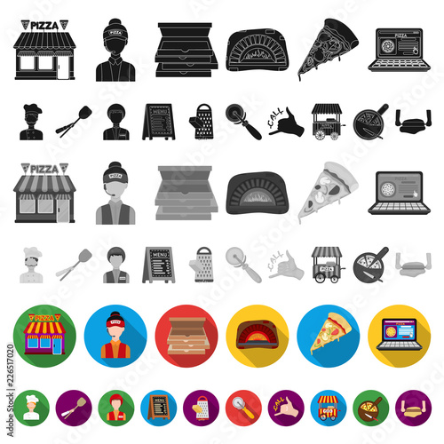 Pizza and pizzeria flat icons in set collection for design. Staff and equipment vector symbol stock web illustration.