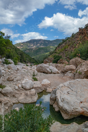 Gola Gorropu - Amazing view above rocks and tiny lake into blue cloudy sky.