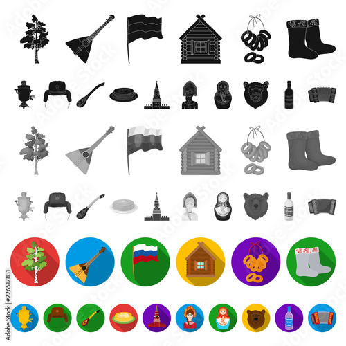 Country Russia, travel flat icons in set collection for design. Attractions and features vector symbol stock web illustration.