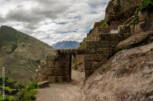 Ancient stone door Inca civilization in Pisac  Peru