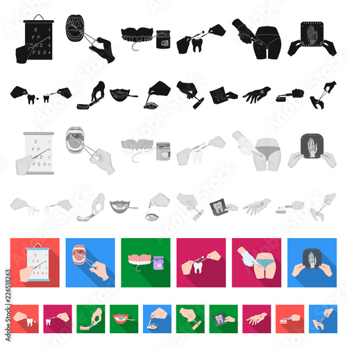 Manipulation by hands flat icons in set collection for design. Hand movement in medicine vector symbol stock web illustration.