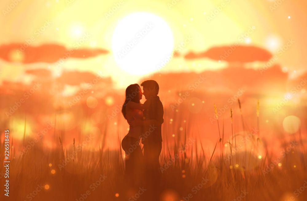 Romantic couple in grass field,3d rendering