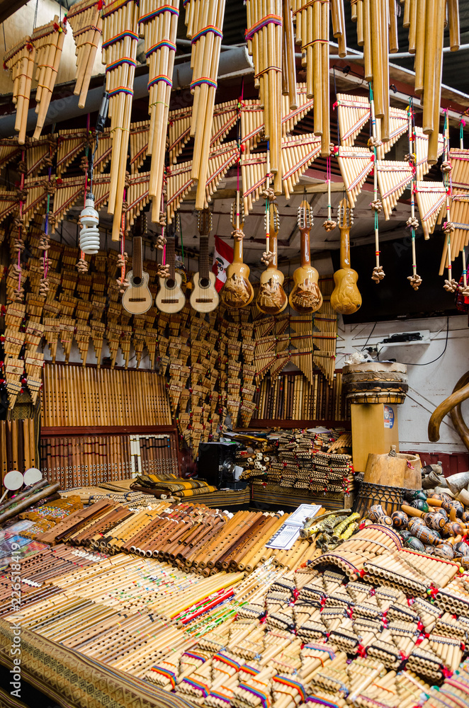 Stall of handmade instruments in Aguas Calientes, Peru