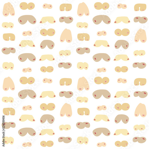 Seamless background with different types of women's breasts. Repeateble humorous pattern. Flat illustration