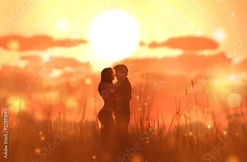 Romantic couple in grass field,3d rendering