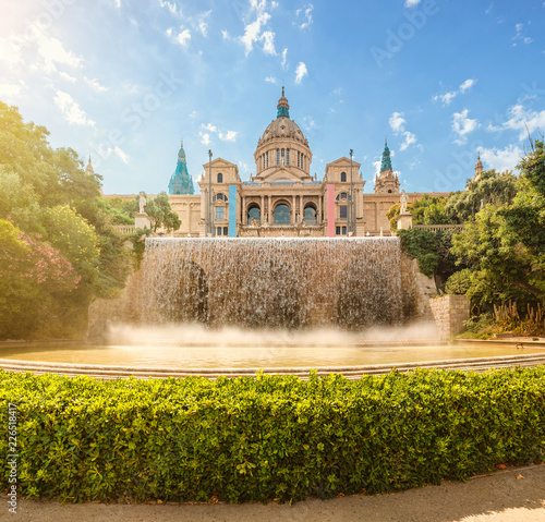 National Art Museum and motjuic fountain in Barcelona at sunny summer day
