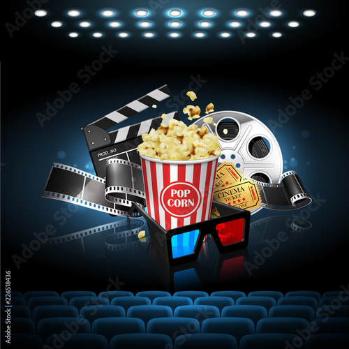Illustration for the film industry. Popcorn, reel, film and clapperboard. Highly detailed illustration