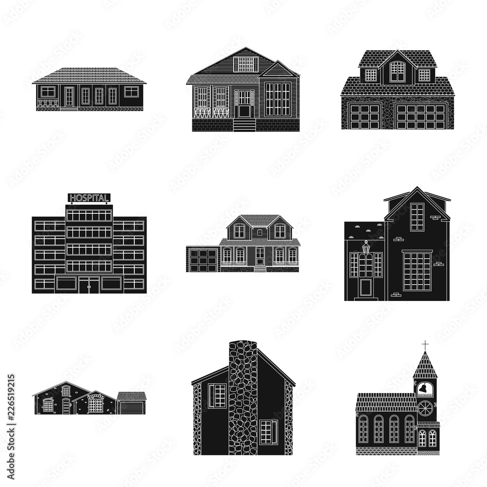 Vector illustration of building and front symbol. Collection of building and roof stock symbol for web.