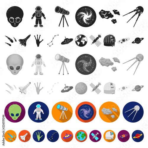 Space technology flat icons in set collection for design.Spacecraft and equipment vector symbol stock web illustration.