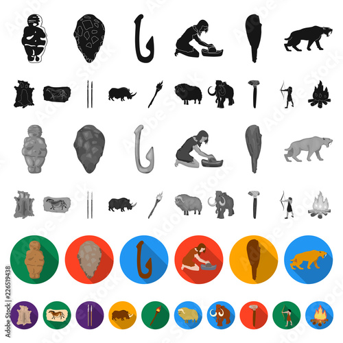 Life in the Stone Age flat icons in set collection for design. Ancient people vector symbol stock web illustration.