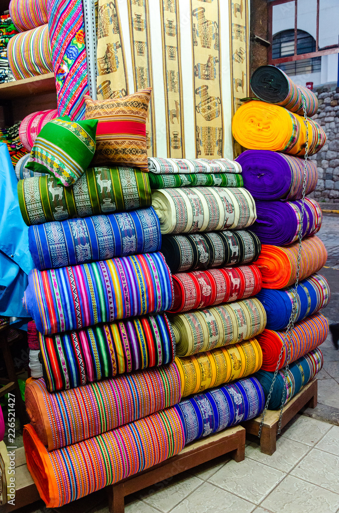 Showcase of traditional fabrics in Cusco, Peru