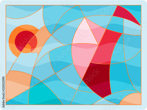 Abstract red sailing ship in the bright blue sea