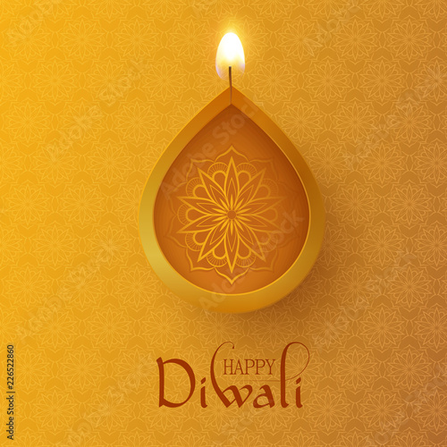Happy Diwali card with oil lamp and traditional mandala pattern.