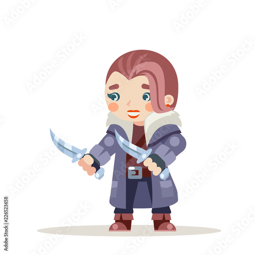 Female rogue woman outlaw girl assassin thief burglar fantasy medieval action RPG game character layered animation ready character vector illustration