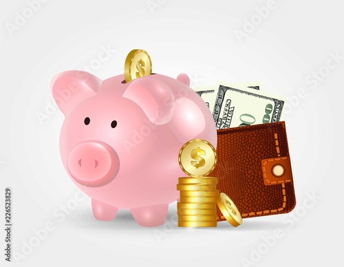 Moneybox in the form of a pig with a coin falling into it. Concept of saving money.