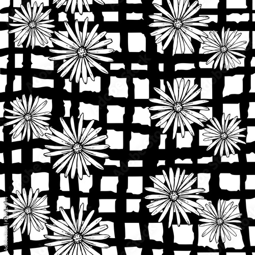Pattern of daisies manually drawn ink. White and black illustration. Floral surface design.