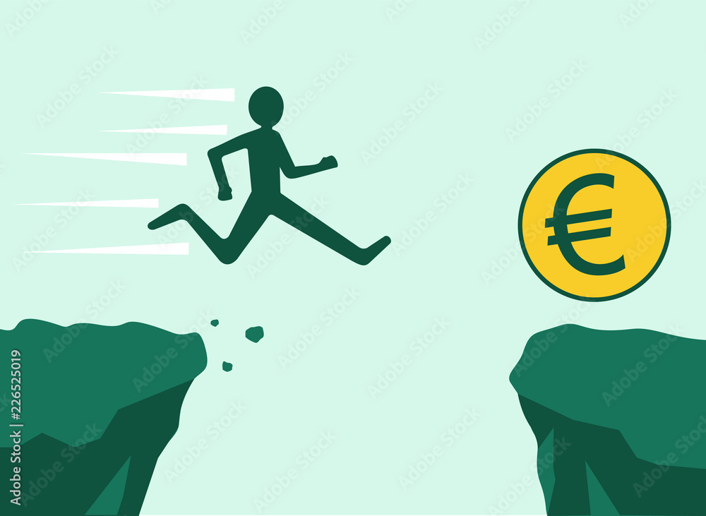 businessman running on the euro coin, jumping off a cliff, vector illustration 