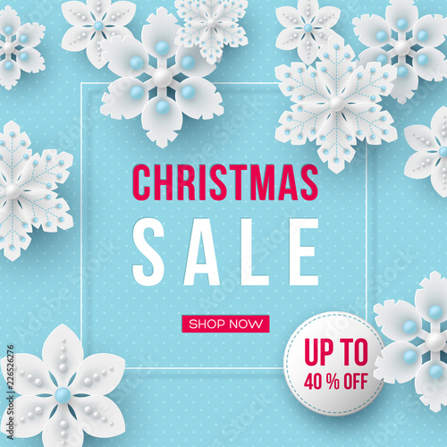 Christmas sale banner. 3d decorative snowflakes and label with text on blue dotted background. Vector illustration for winter holiday discounts.