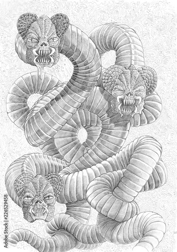 Lernaean Hydra. Mystic monster. Drawing.
