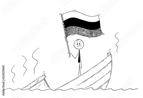 Cartoon stick drawing conceptual illustration of politician standing depressed on sinking boat waving the flag of Russian Federation or Russia.