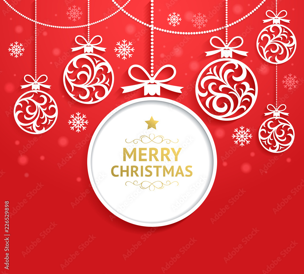 Naklejka premium Christmas balls background paper cut style. Vector illustrations.