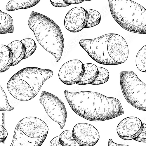 Sweet potato seamless pattern. Vector drawing. Isolated Vegetabl