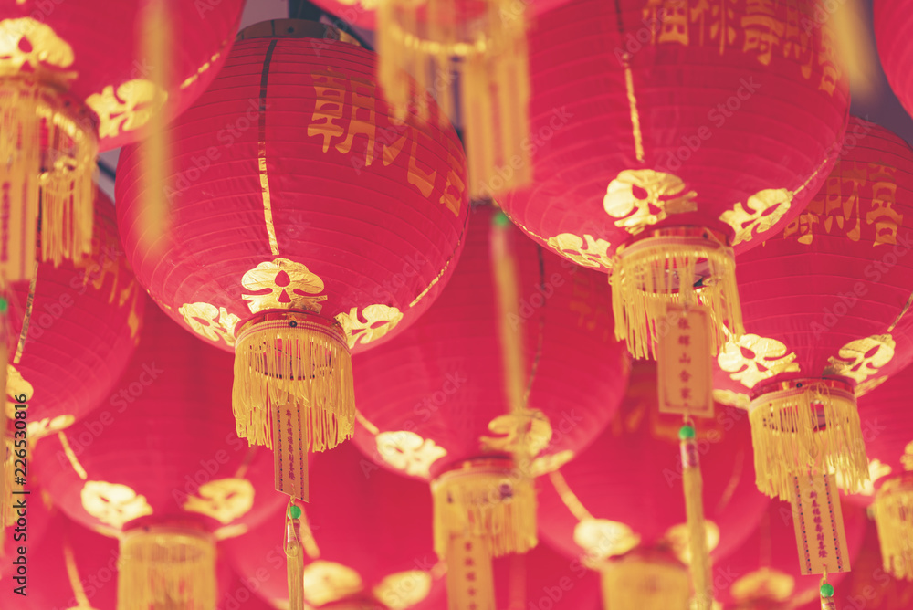 Chinese Red paper lantern decoration at shopping mall. view from the ground