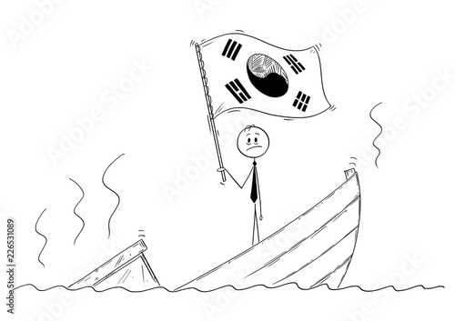 Cartoon stick drawing conceptual illustration of politician standing depressed on sinking boat waving the flag of Republic of Korea or South Korea.