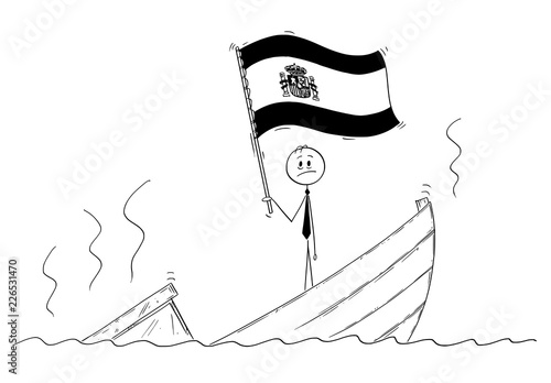 Cartoon stick drawing conceptual illustration of politician standing depressed on sinking boat waving the flag of Kingdom of Spain.