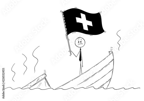 Cartoon stick drawing conceptual illustration of politician standing depressed on sinking boat waving the flag of Swiss Confederation or Switzerland.