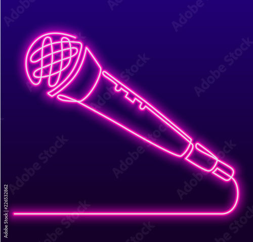 Continuous Line Drawing of Vector wired microphone icon. Karaoke neon sign, bright signboard, light banner. Karaoke Bar logo, emblem