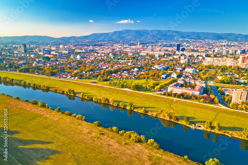 Fotografie Sava river and Zagreb cityscape aerial view
