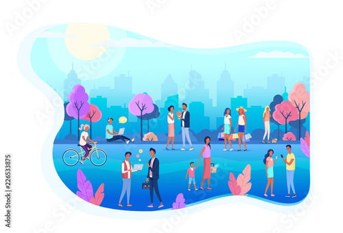 People walking on the city street park blue color flat illustration