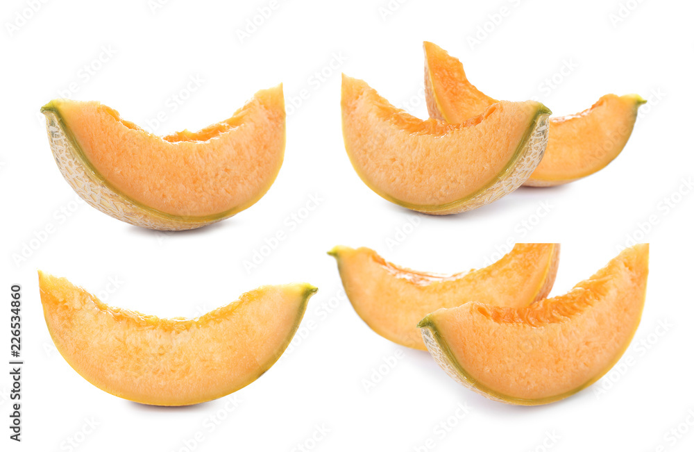 Set with fresh ripe melon slices on white background