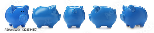 Set with blue piggy bank from different views on white background photo