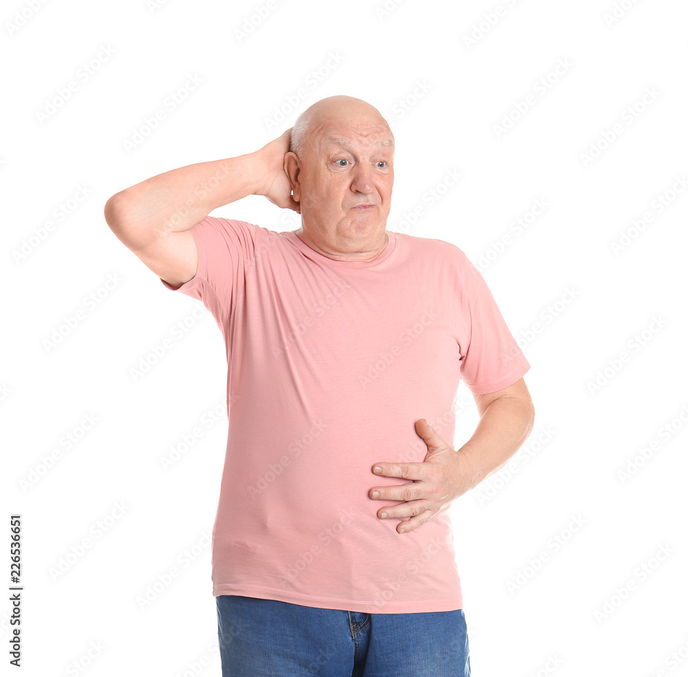 Fat senior man on white background. Weight loss Fat senior man on white background. Weight loss