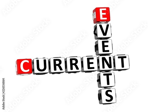 3D Rendering Crossword Current Events Over White Background.