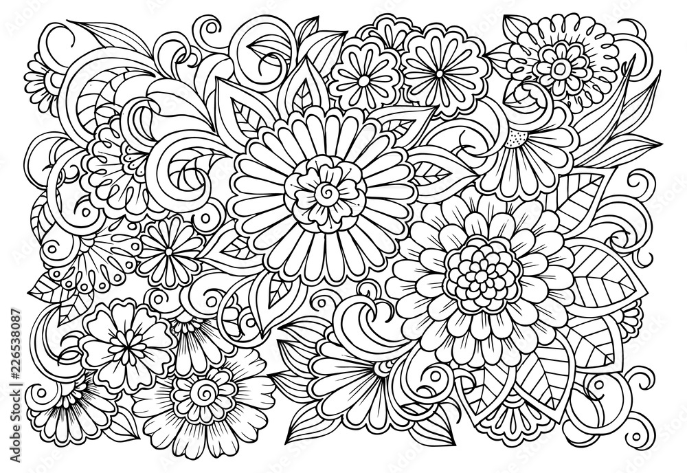 Page for coloring book. Outline flowers. Doodles in black and white ...