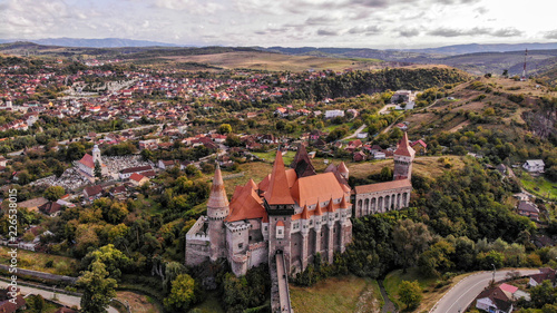 Aerial view of medieval Corvin Castle or Corvinilor or Hunyad Castle in Hunedoara, town in beautiful Transylvania, Romania.