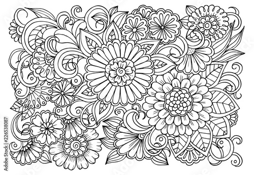 Page for coloring book. Outline flowers. Doodles in black and white