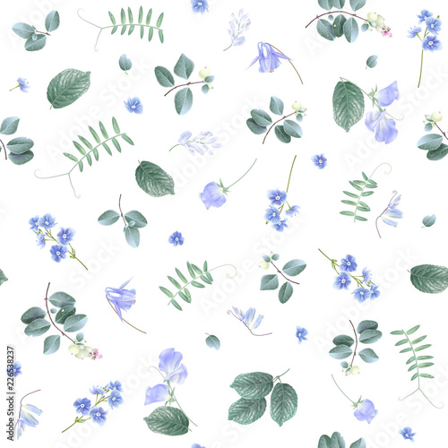 Blue flowers on white bg floral pattern