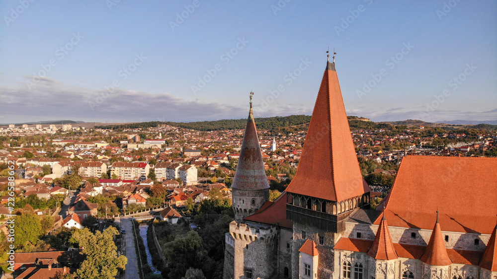 Aerial view of medieval Corvin Castle or Corvinilor or Hunyad Castle in Hunedoara, town in beautiful Transylvania, Romania.